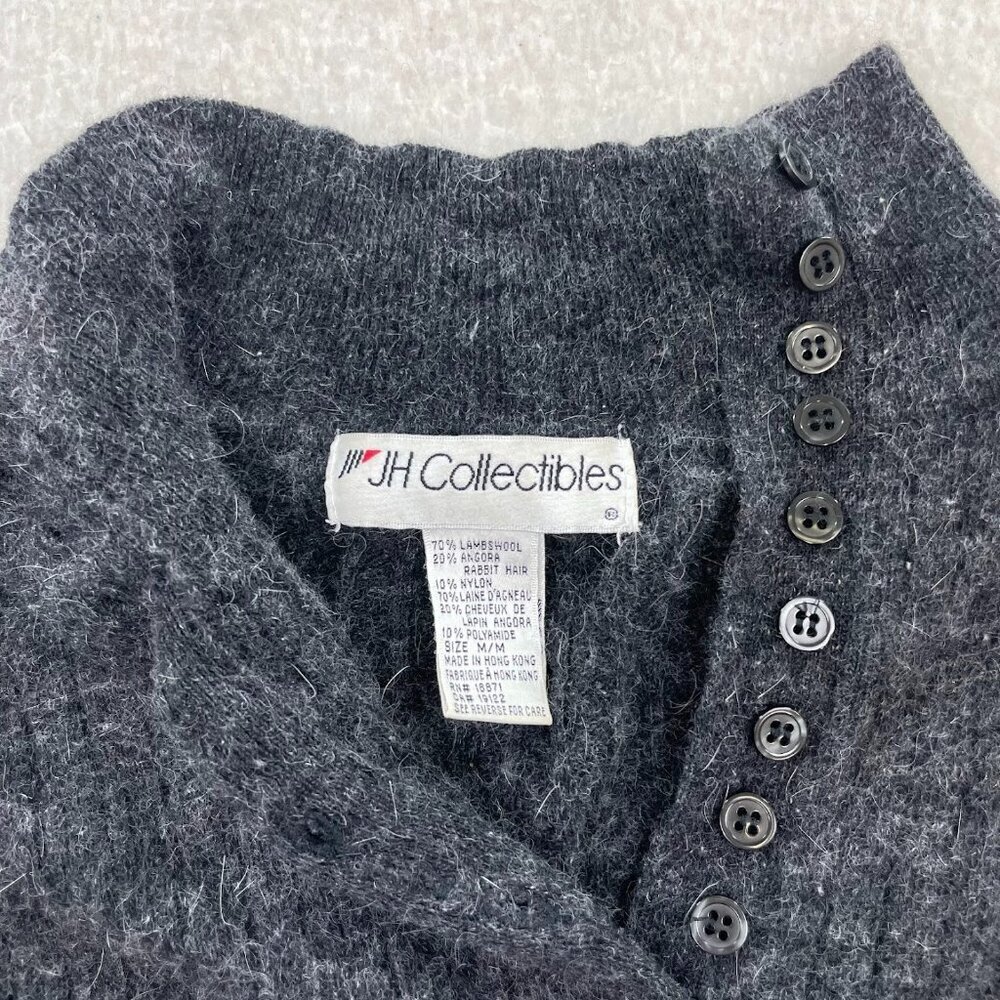 JH Collectibles Lambswool Angora Fuzzy Grey Sweater 1/4 Button Collar Sz Medium - Picture 3 of 5